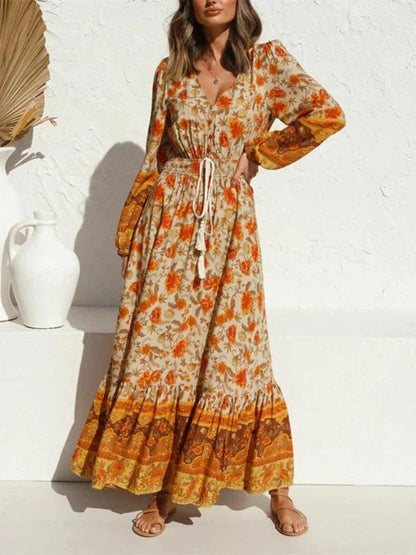 Yellow Tie Neck Tassel Floral Bohemian Maxi Dress - SHExFAB