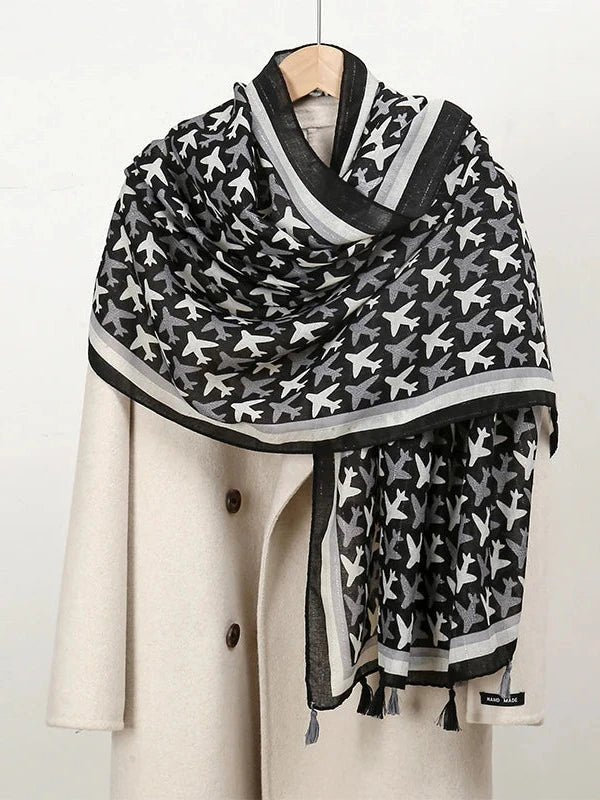 Airplane Pattern Cotton Long Wrap Luxury Scarf with Tassels - SHExFAB