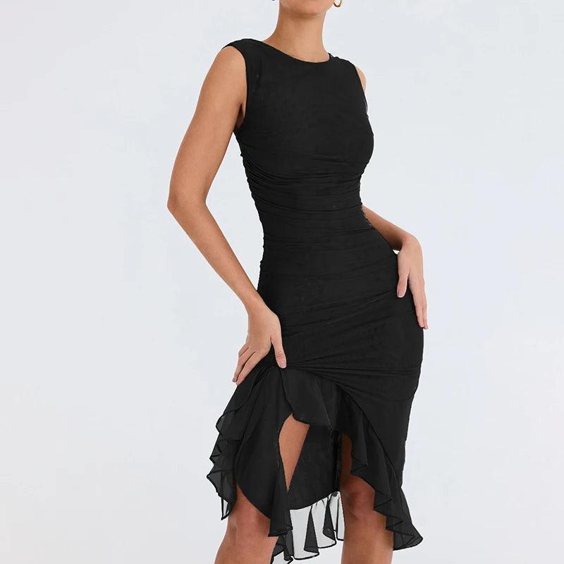 Asymmetrical Ruffle Backless Midi Bodycon Dress - SHExFAB