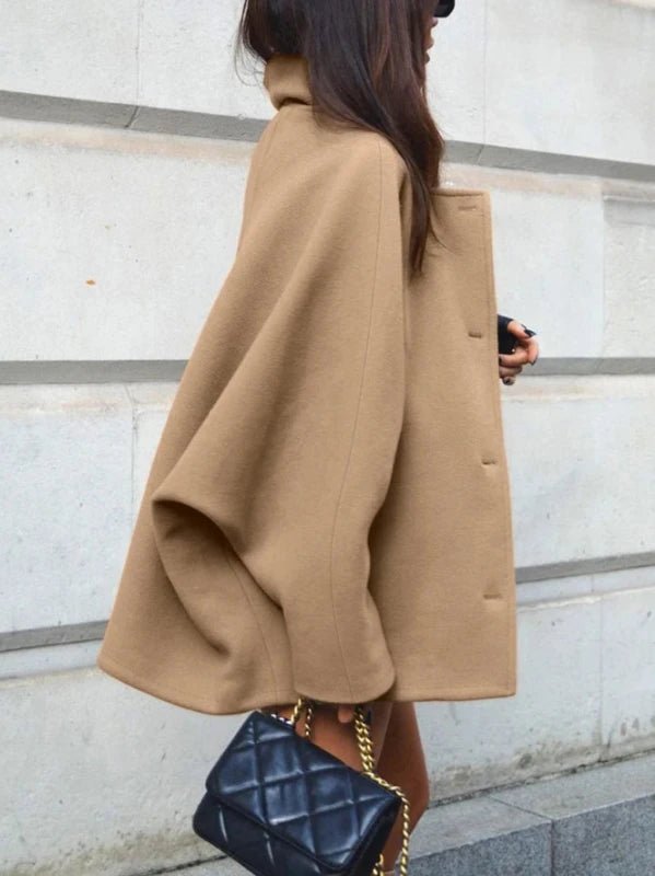 Autumn Winter Batwing Sleeve Oversized Button Wool Coat - SHExFAB