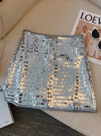 Back Zipper Shimmer Sequin Mini Evening Party Skirt - SHExFAB