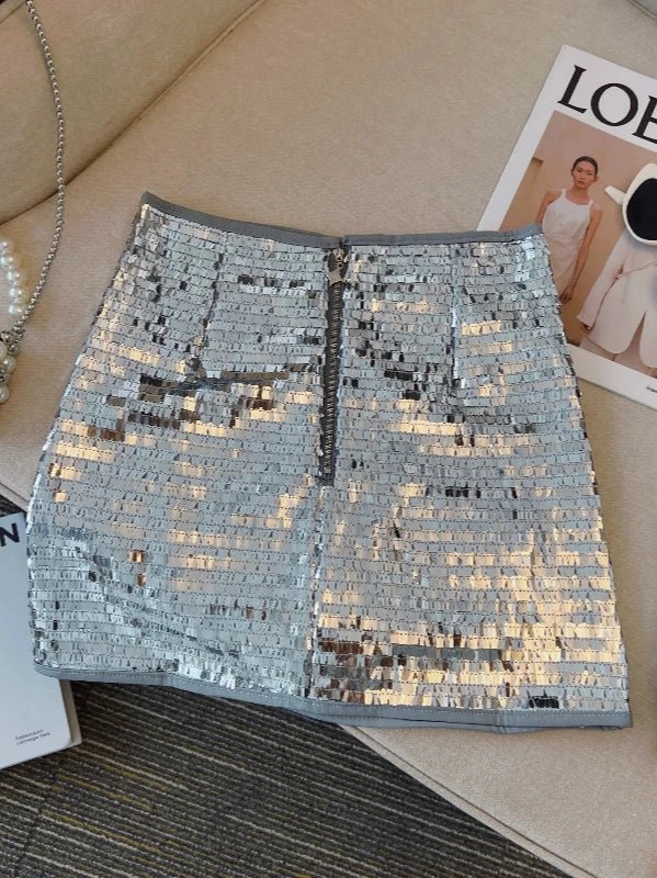 Back Zipper Shimmer Sequin Mini Evening Party Skirt - SHExFAB