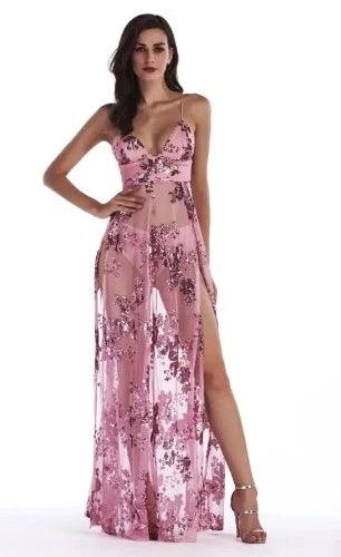 Backless Slip Mesh Sequin Sheer Cocktail Dress - SHExFAB