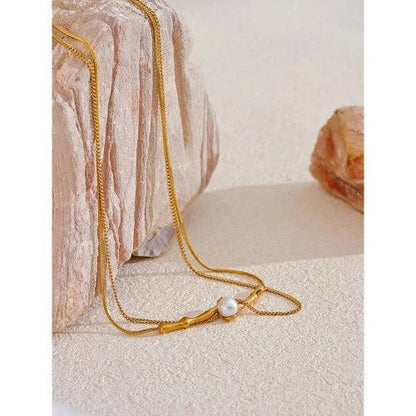 Bamboo Pearl Double Layer Chain Necklace - SHExFAB