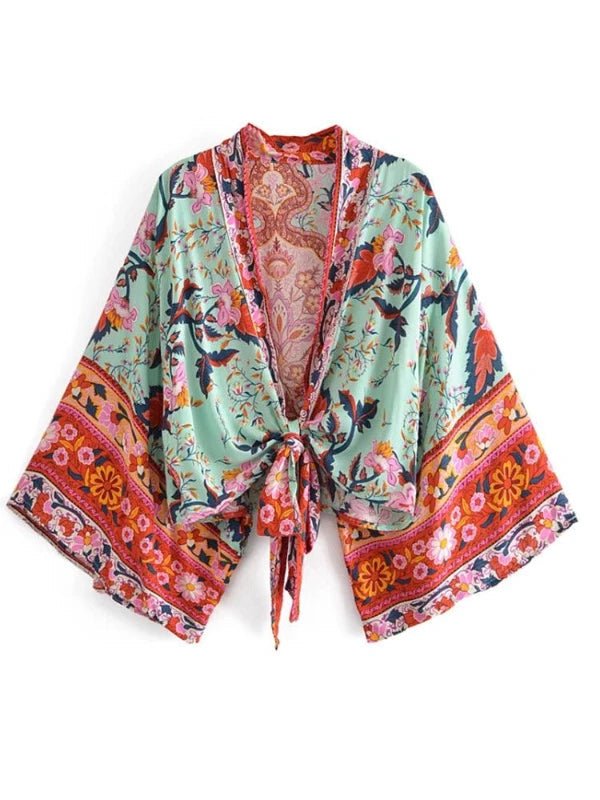 Batwing Sleeve Floral Print Short Kimono Robe - SHExFAB