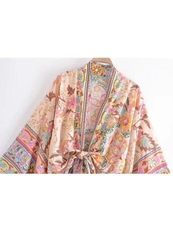 Batwing Sleeve Floral Print Short Kimono Robe - SHExFAB