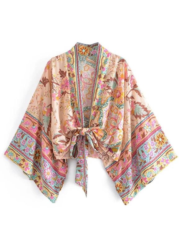 Batwing Sleeve Floral Print Short Kimono Robe - SHExFAB