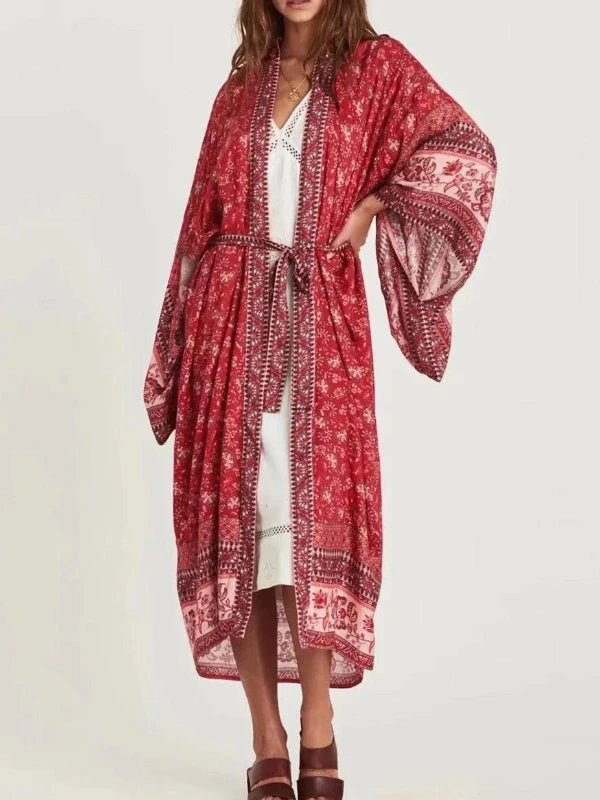 Batwing Sleeve Lace - Up Long Floral Kimono Robe - SHExFAB