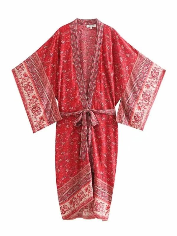 Batwing Sleeve Lace - Up Long Floral Kimono Robe - SHExFAB