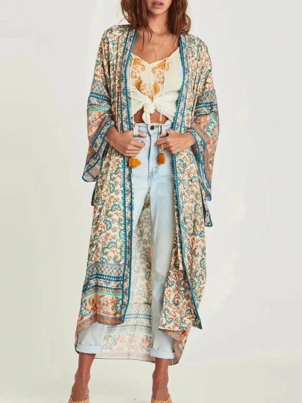 Batwing Sleeve Lace - Up Long Floral Kimono Robe - SHExFAB