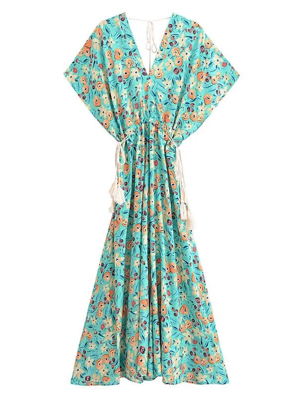 Batwing Sleeve Tassel Drawstring Maxi Floral Dress - SHExFAB