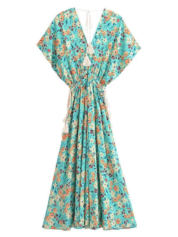 Batwing Sleeve Tassel Drawstring Maxi Floral Dress - SHExFAB