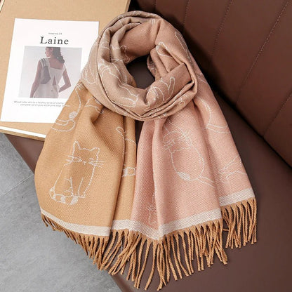 Bear Pattern Cashmere Long Wrap Around Scarf with Fringe - SHExFAB