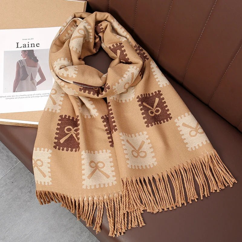 Bear Pattern Cashmere Long Wrap Around Scarf with Fringe - SHExFAB