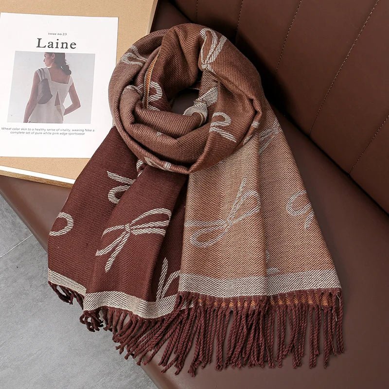 Bear Pattern Cashmere Long Wrap Around Scarf with Fringe - SHExFAB