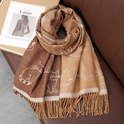 Bear Pattern Cashmere Long Wrap Around Scarf with Fringe - SHExFAB