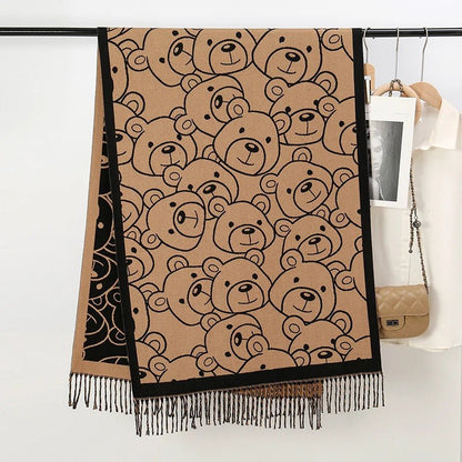 Bear Pattern Cashmere Long Wrap Around Scarf with Fringe - SHExFAB