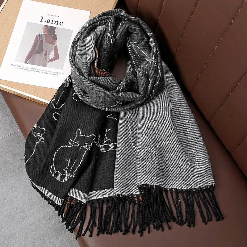 Bear Pattern Cashmere Long Wrap Around Scarf with Fringe - SHExFAB