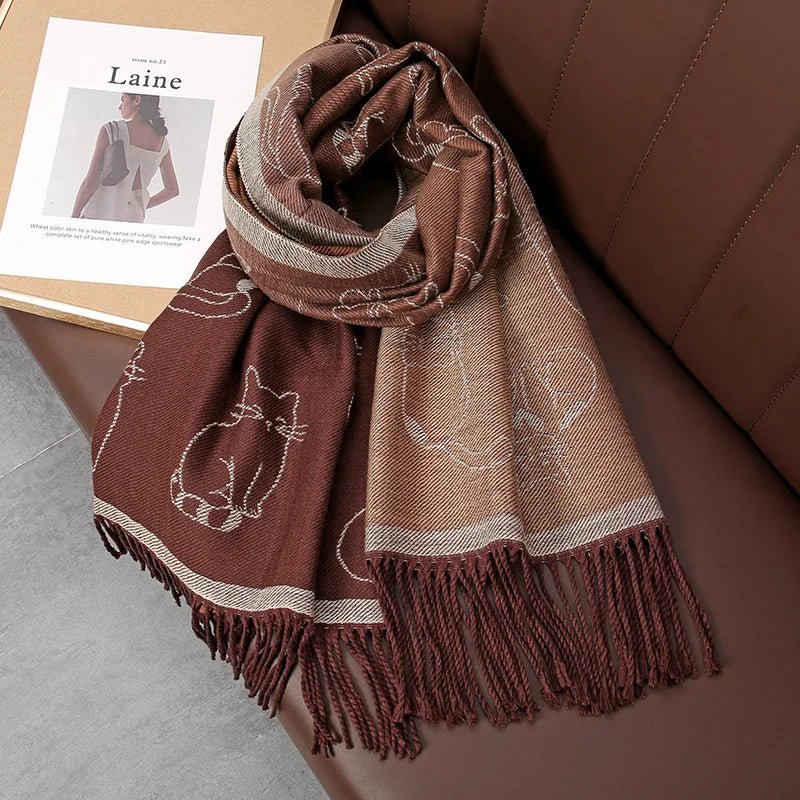 Bear Pattern Cashmere Long Wrap Around Scarf with Fringe - SHExFAB