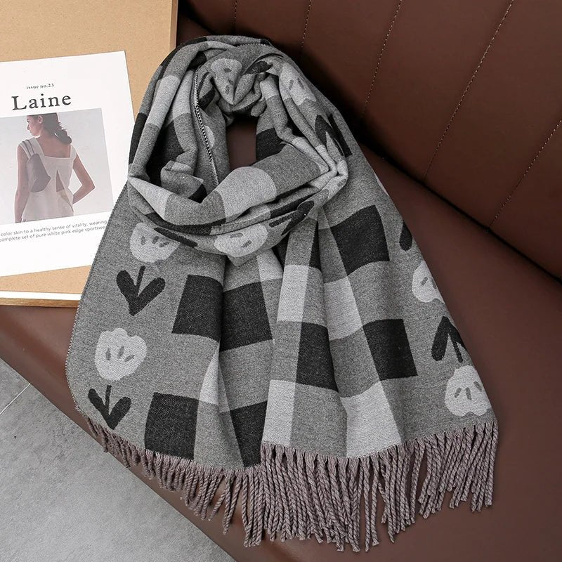 Bear Pattern Cashmere Long Wrap Around Scarf with Fringe - SHExFAB