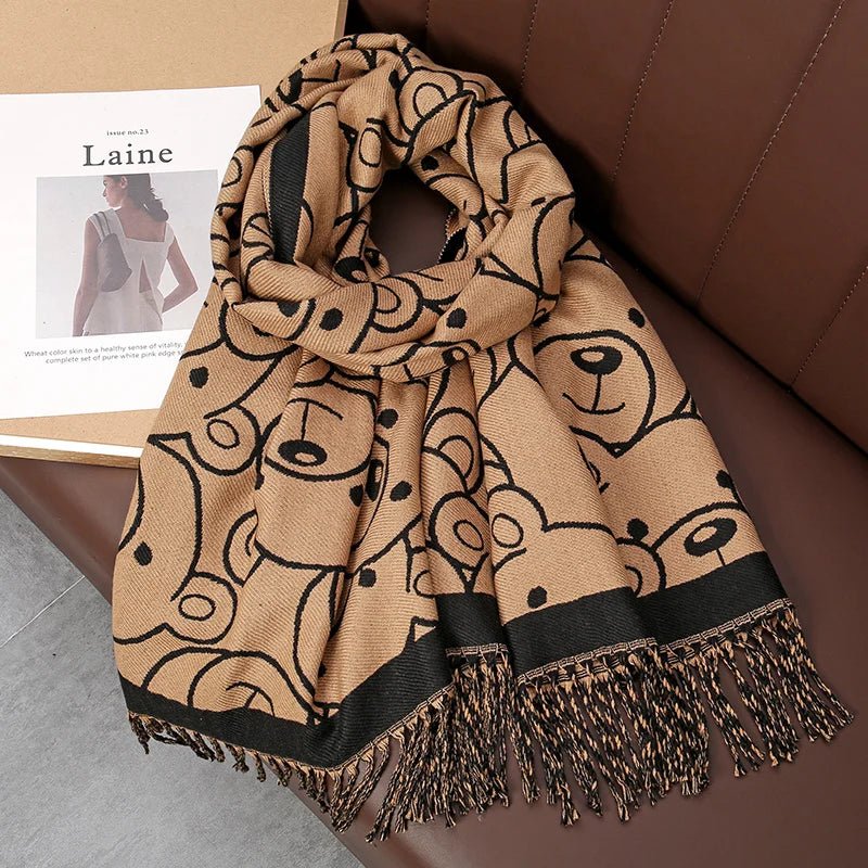 Bear Pattern Cashmere Long Wrap Around Scarf with Fringe - SHExFAB