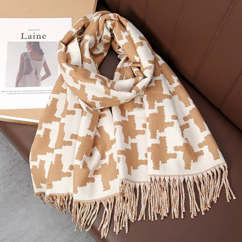 Bear Pattern Cashmere Long Wrap Around Scarf with Fringe - SHExFAB