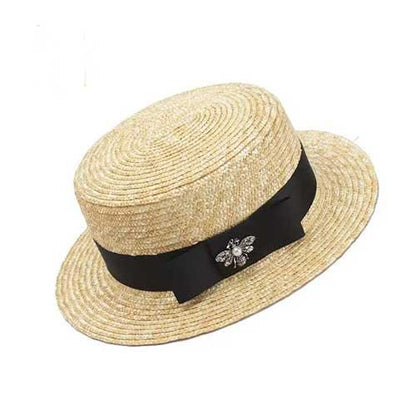 Bee Ribbon Straw Flat Top Boater Hat - SHExFAB