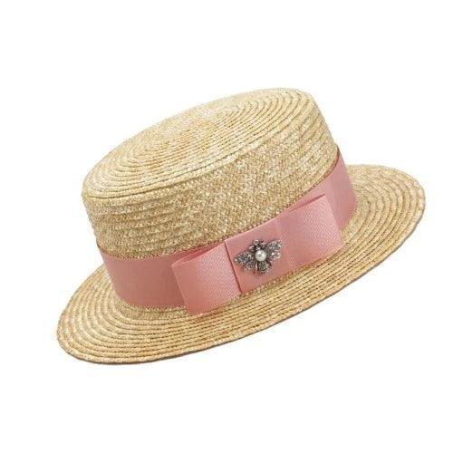 Bee Ribbon Straw Flat Top Boater Hat - SHExFAB