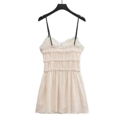 Beige Spaghetti Strap Mini Smoked Dress - SHExFAB