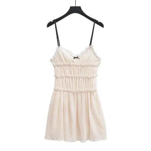 Beige Spaghetti Strap Mini Smoked Dress - SHExFAB