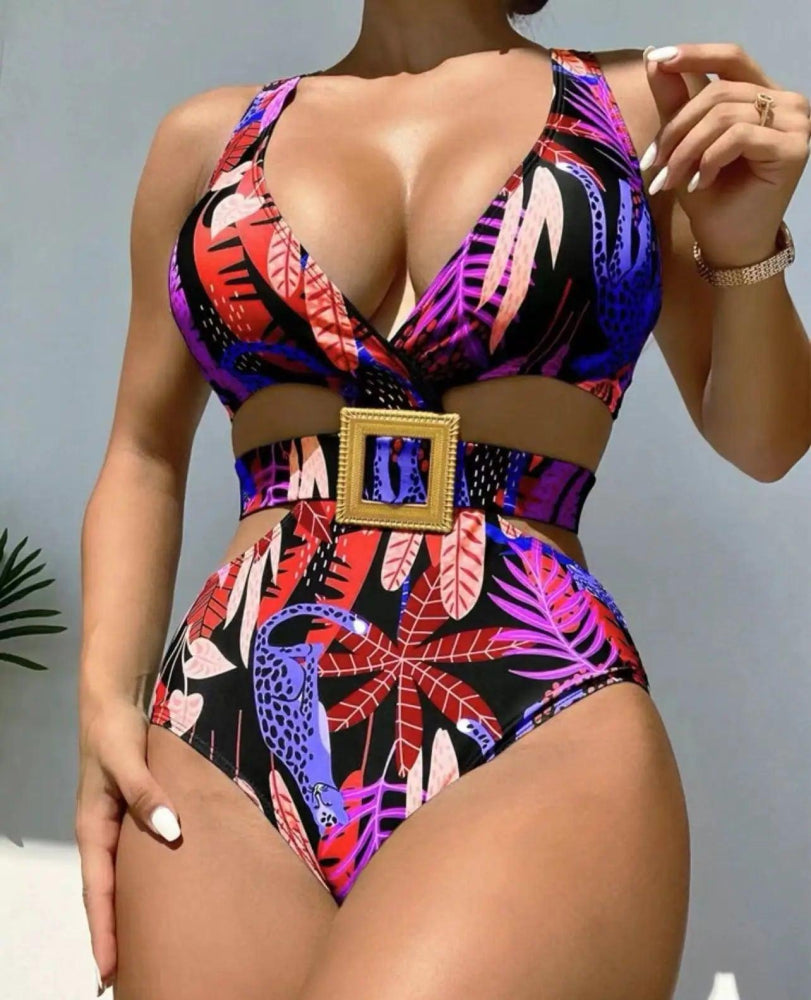 Belt Strap Push - Up One Piece Floral Swimsuit - SHExFAB