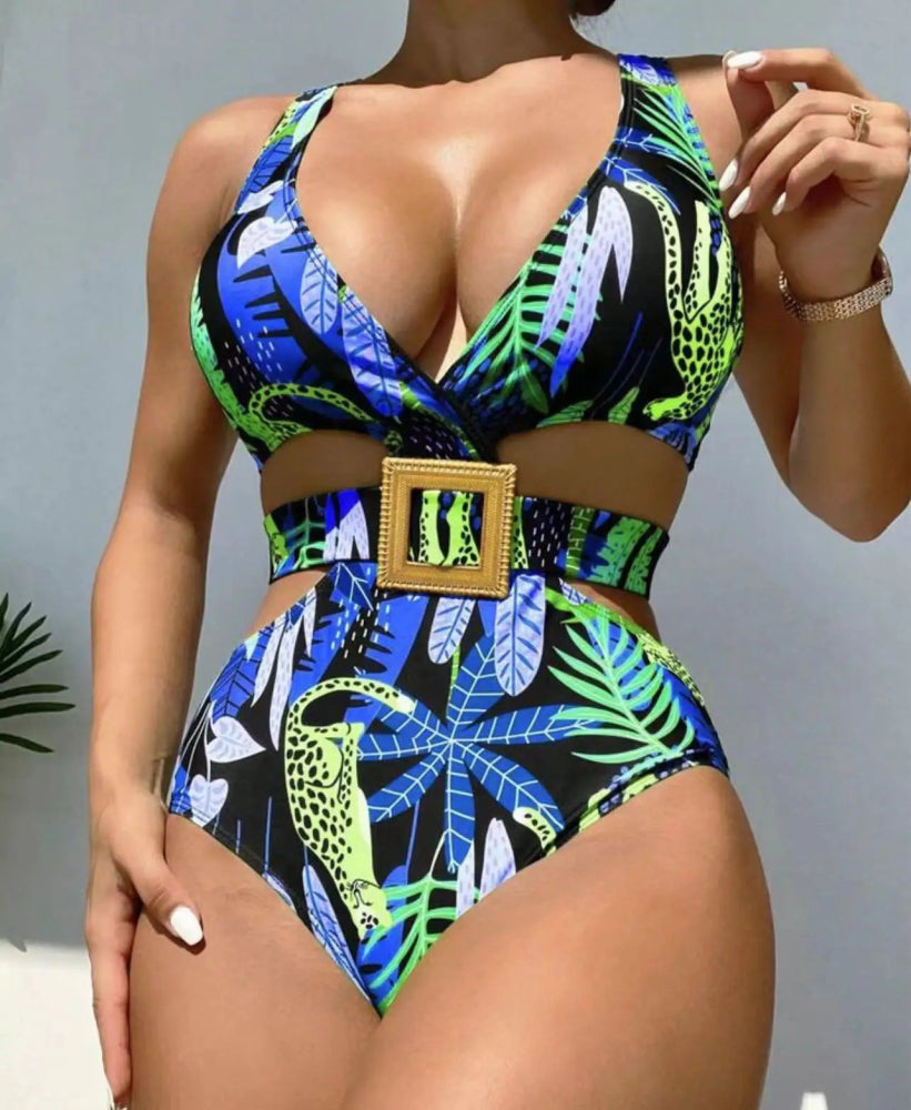 Belt Strap Push - Up One Piece Floral Swimsuit - SHExFAB