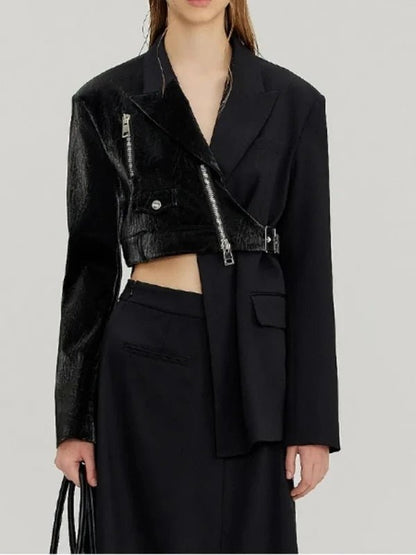 Black Buckle Belt Irregular Short PU Leather Jacket - SHExFAB