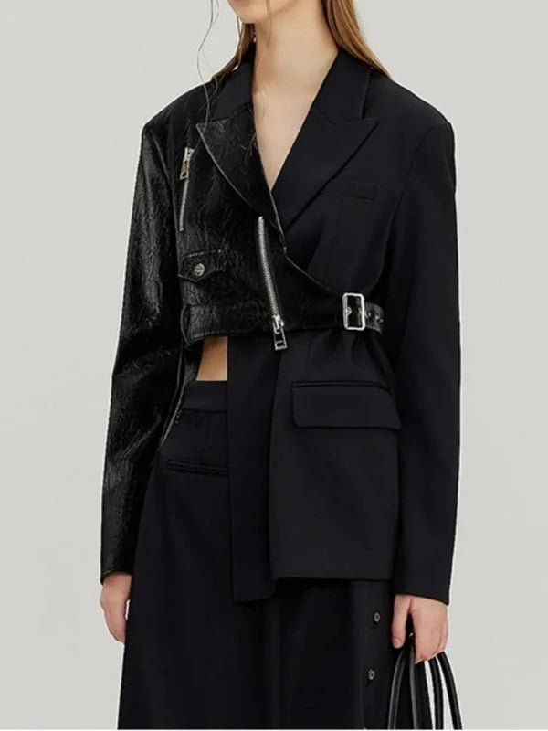 Black Buckle Belt Irregular Short PU Leather Jacket - SHExFAB