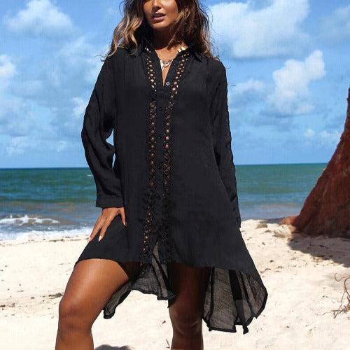 Black Embroidered Bikini Cover Up Shirt - SHExFAB