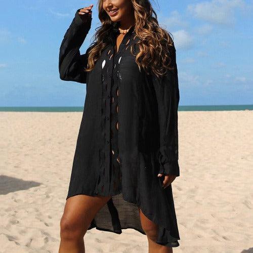 Black Embroidered Bikini Cover Up Shirt - SHExFAB