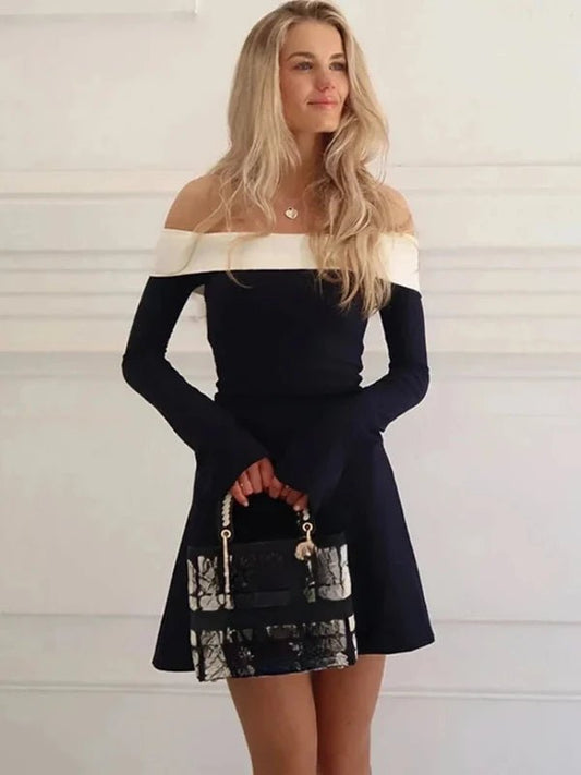 Black Flare Sleeve Mini Off Shoulder Dress - SHExFAB