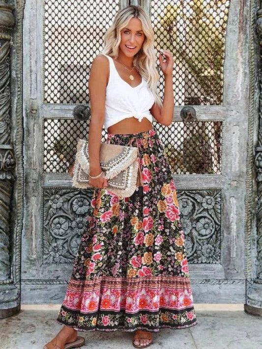 Black Floral Elastic Waist A - Line Long Boho Skirt - SHExFAB