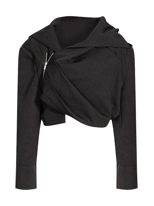 Black Fold Side Zipper Short Hooded Jacket - SHExFAB