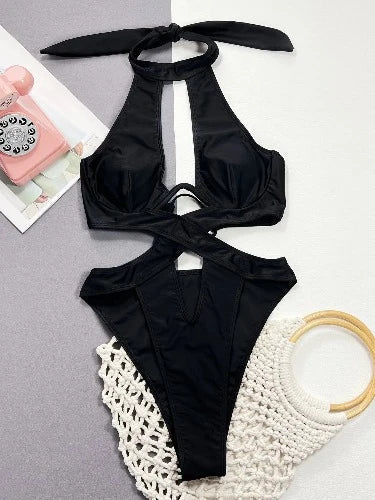 Black Halter Cross Backless Monokini Swimsuit - SHExFAB