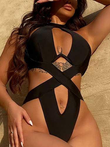 Black Halter Cross Backless Monokini Swimsuit - SHExFAB