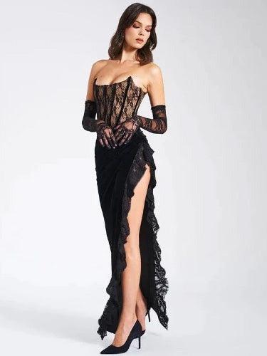 Black Lace Long Corset Cocktail Party Dress - SHExFAB