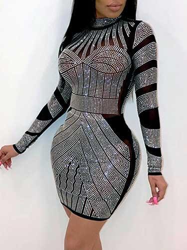 Black Long Sleeve Detail Sequin Bodycon Dress - SHExFAB