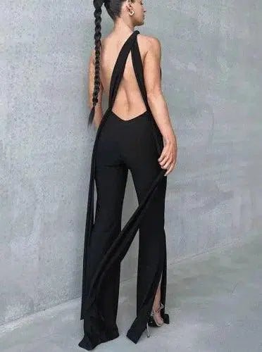 Black Low Cut Evening Dress Jumpsuit - SHExFAB