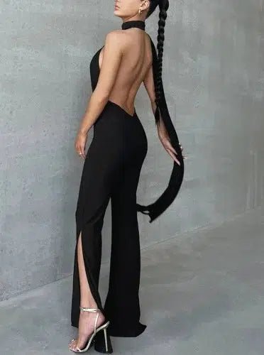 Black Low Cut Evening Dress Jumpsuit - SHExFAB