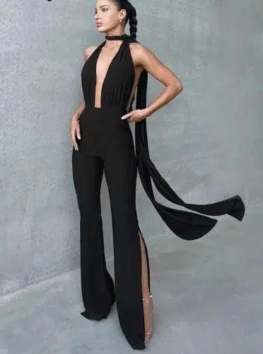 Black Low Cut Evening Dress Jumpsuit - SHExFAB