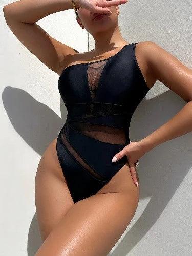 Black Mesh One Shoulder Swimsuit One Piece - SHExFAB