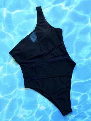 Black Mesh One Shoulder Swimsuit One Piece - SHExFAB