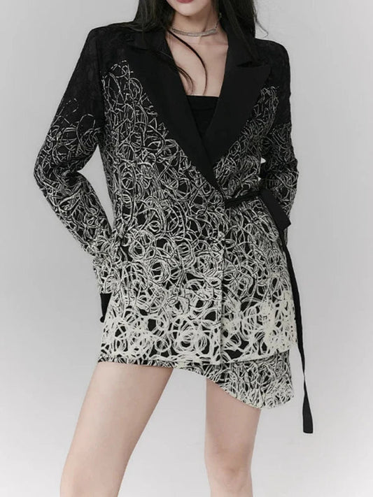 Black Notched Gradient Print Side Lace - Up Blazer - SHExFAB