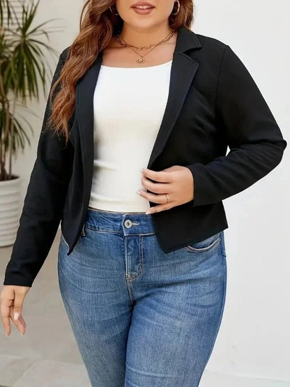 Black Notched Neck Open Stitch Plus Size Short Jacket - SHExFAB